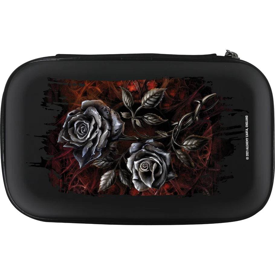 Hard dart case with gothic silver rose design, full front view, secure zip closure, ideal for protecting darts and flights