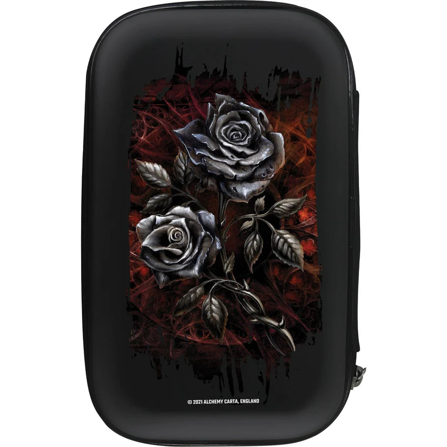 Full view dart case with gothic silver rose design, hard shell, zippered edge, ideal for storing darts and accessories