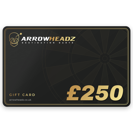 ArrowHeadz £250 darts gift card, black and gold gift voucher