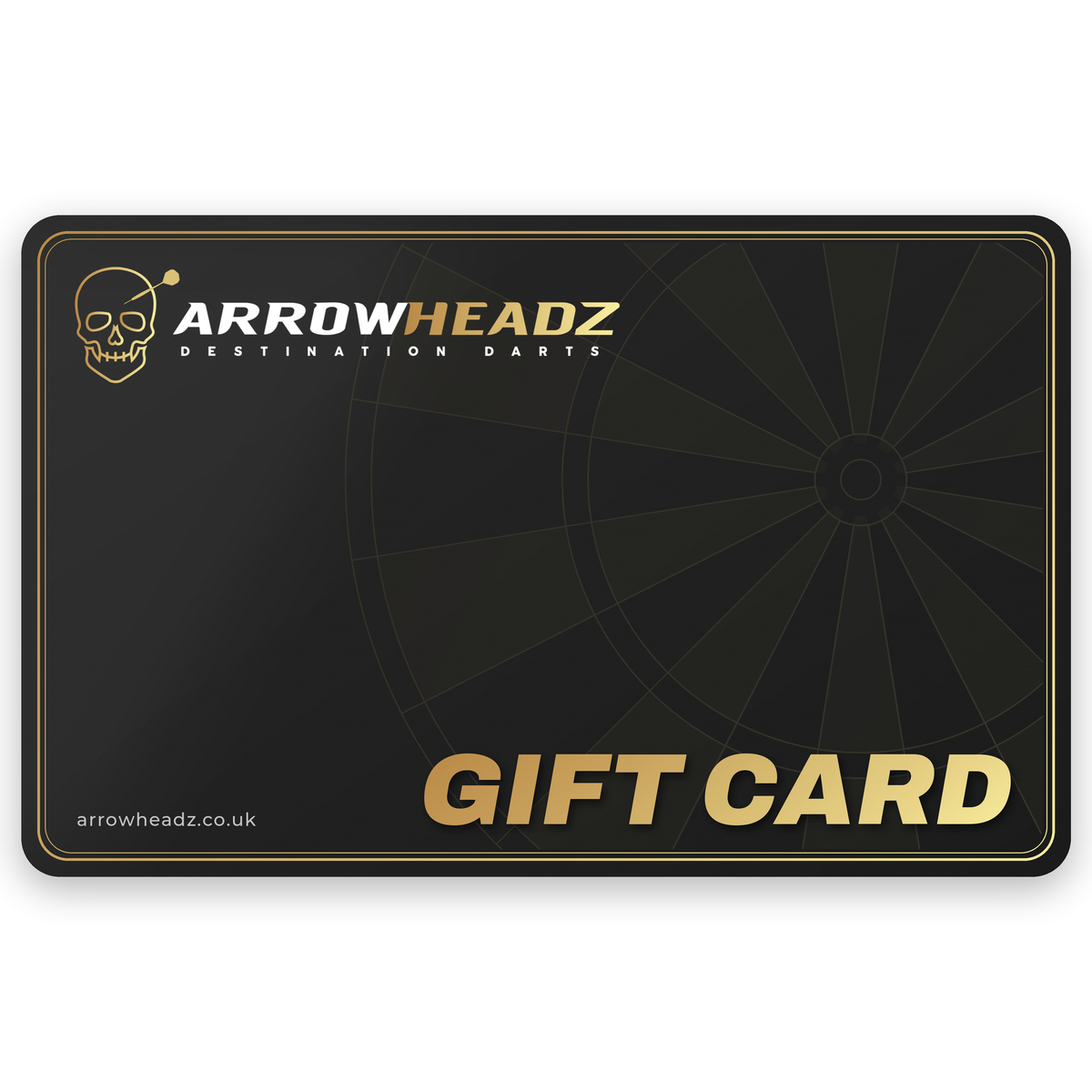 ArrowHeadz darts gift card in black and gold, digital gift voucher