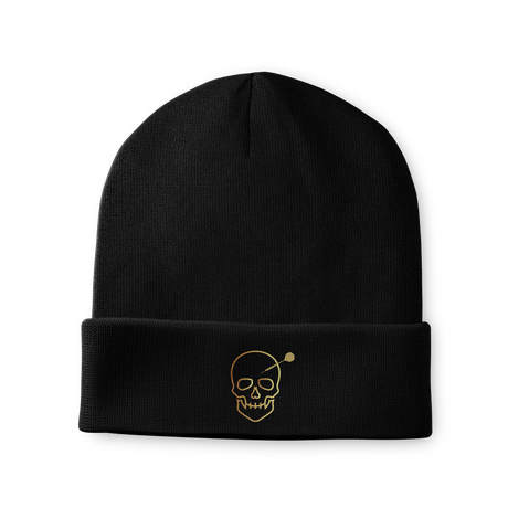 Black beanie with gold skull and dart embroidery, full product view isolated on black, dart-themed apparel