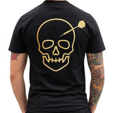 Back of the ArrowHeadz black t-shirt, showing the large gold skull struck by a dart