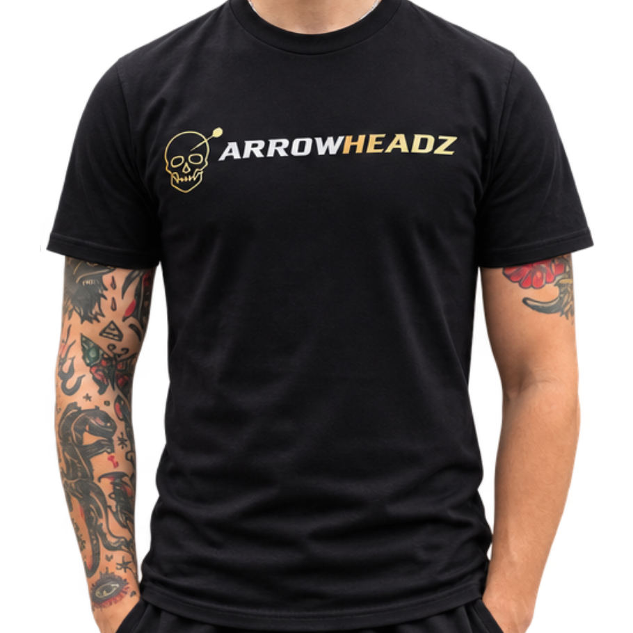 ArrowHeadz black t-shirt front, with the gold skull and ARROWHEADZ wordmark screen printed across the chest