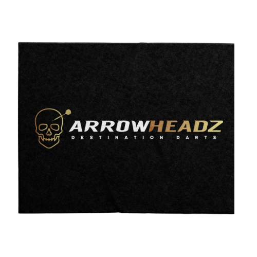 Top-down view of microfibre hand towel for darts, bold skull logo and text design, isolated on white background