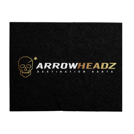 Top-down view of microfibre hand towel for darts, bold skull logo and text design, isolated on white background