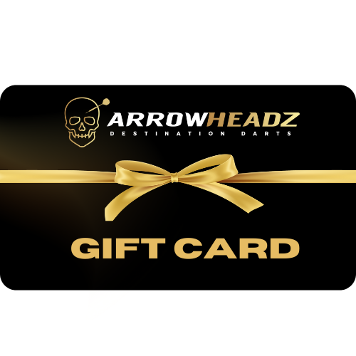 Darts gift card full view with gold ribbon on black background, ideal present for dart players and enthusiasts
