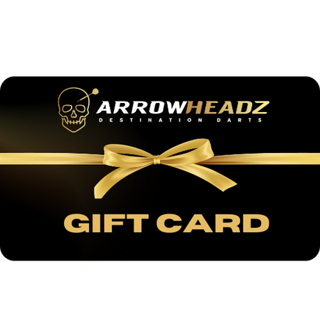 Darts gift card full view with gold ribbon on black background, ideal present for dart players and enthusiasts