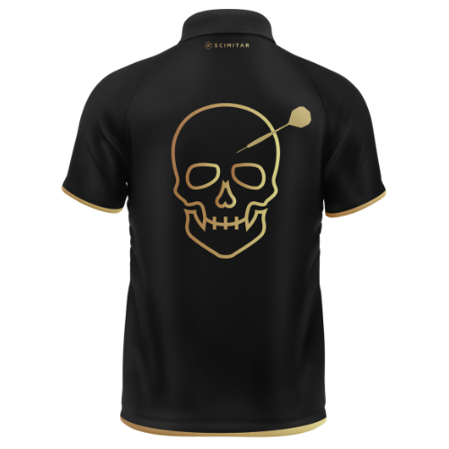 Back view of short sleeve darts shirt with gold skull and dart graphic, isolated on white, full product display
