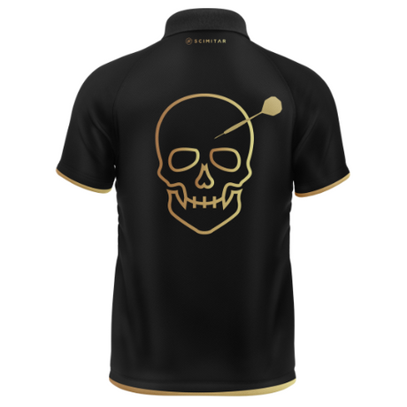 Back view of short sleeve darts shirt with gold skull and dart graphic, isolated on white, full product display