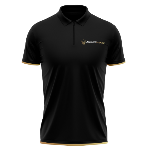 Short sleeve black darts shirt with gold trim and Arrowheadz logo, full front view isolated on white background