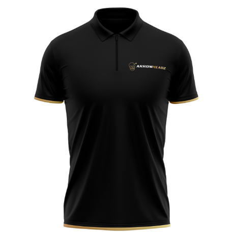 Short sleeve black darts shirt with gold trim and Arrowheadz logo, full front view isolated on white background