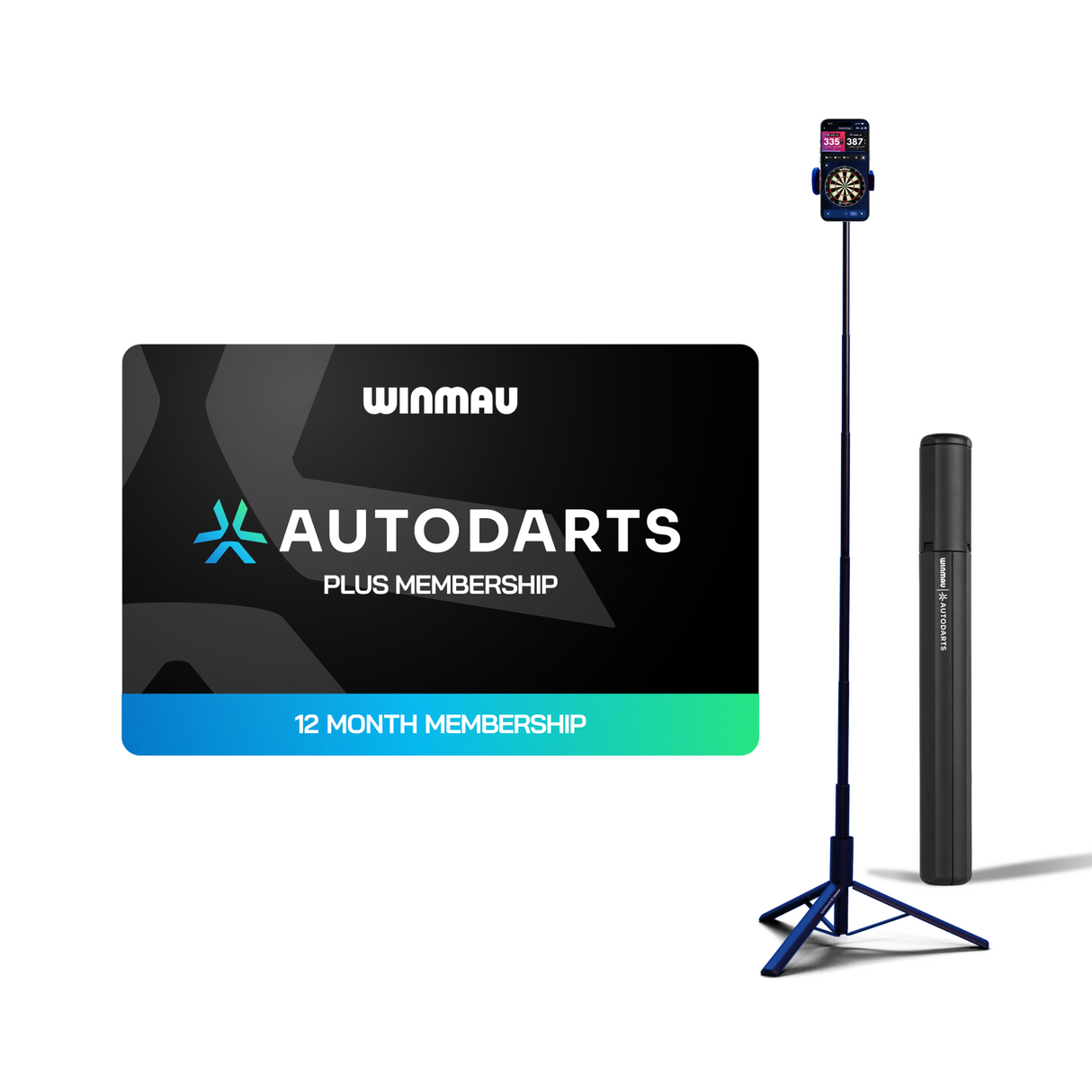 Autodarts Plus 12 month membership card with the Autodarts Lens device stand tripod and carry case
