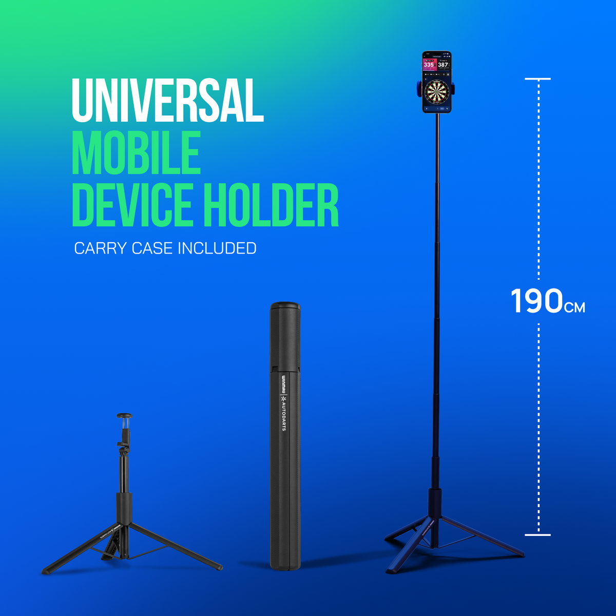 Autodarts universal mobile device holder extending to 190cm, carry case included
