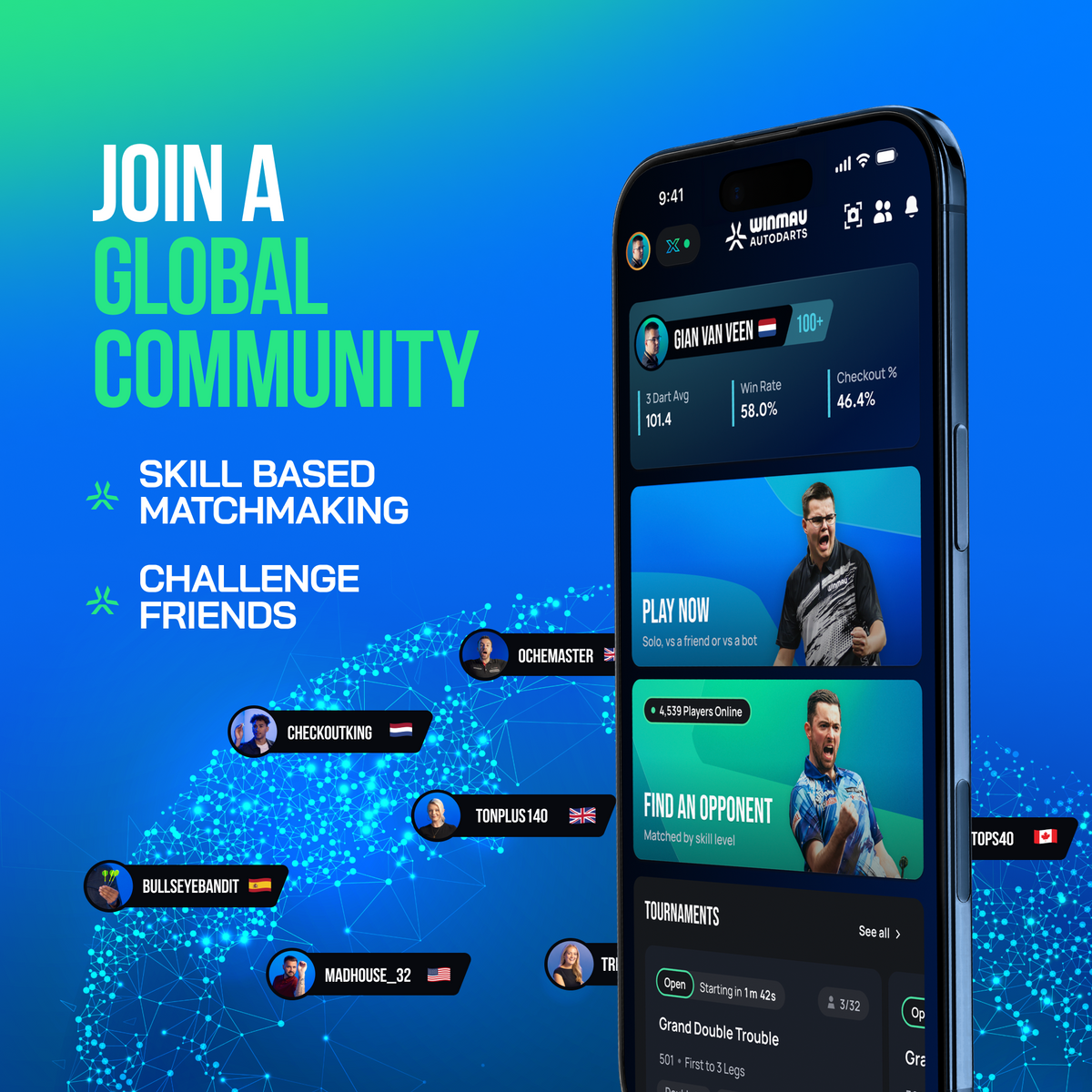 Autodarts global online community with skill-based matchmaking and challenge friends