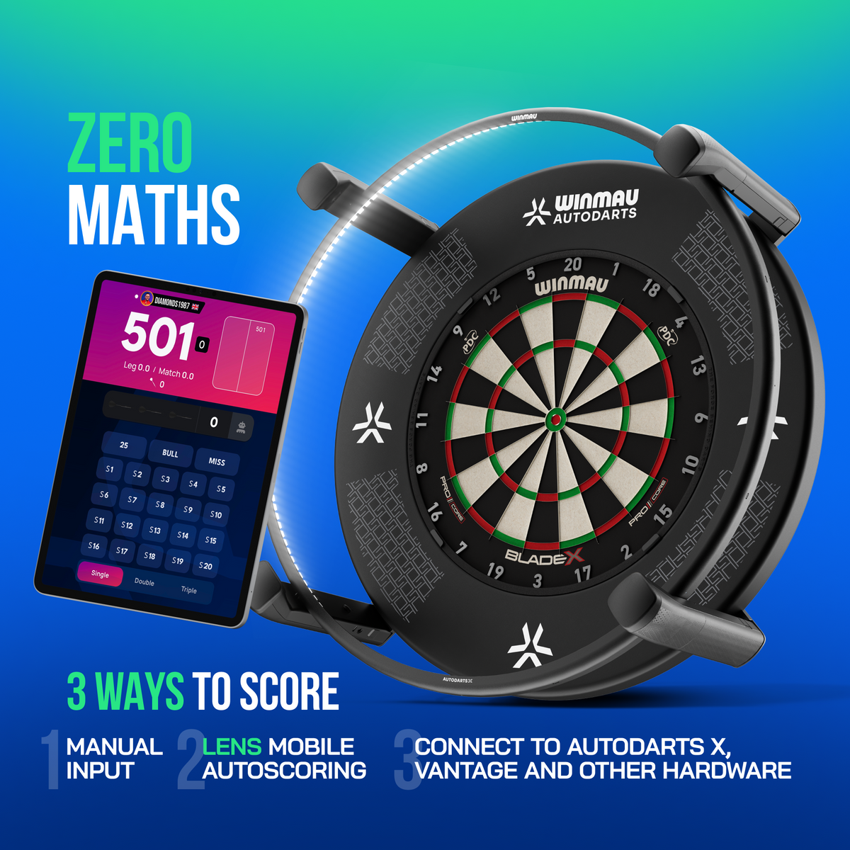 Autodarts zero maths scoring with three ways to score: manual input, Lens mobile autoscoring and Autodarts X hardware