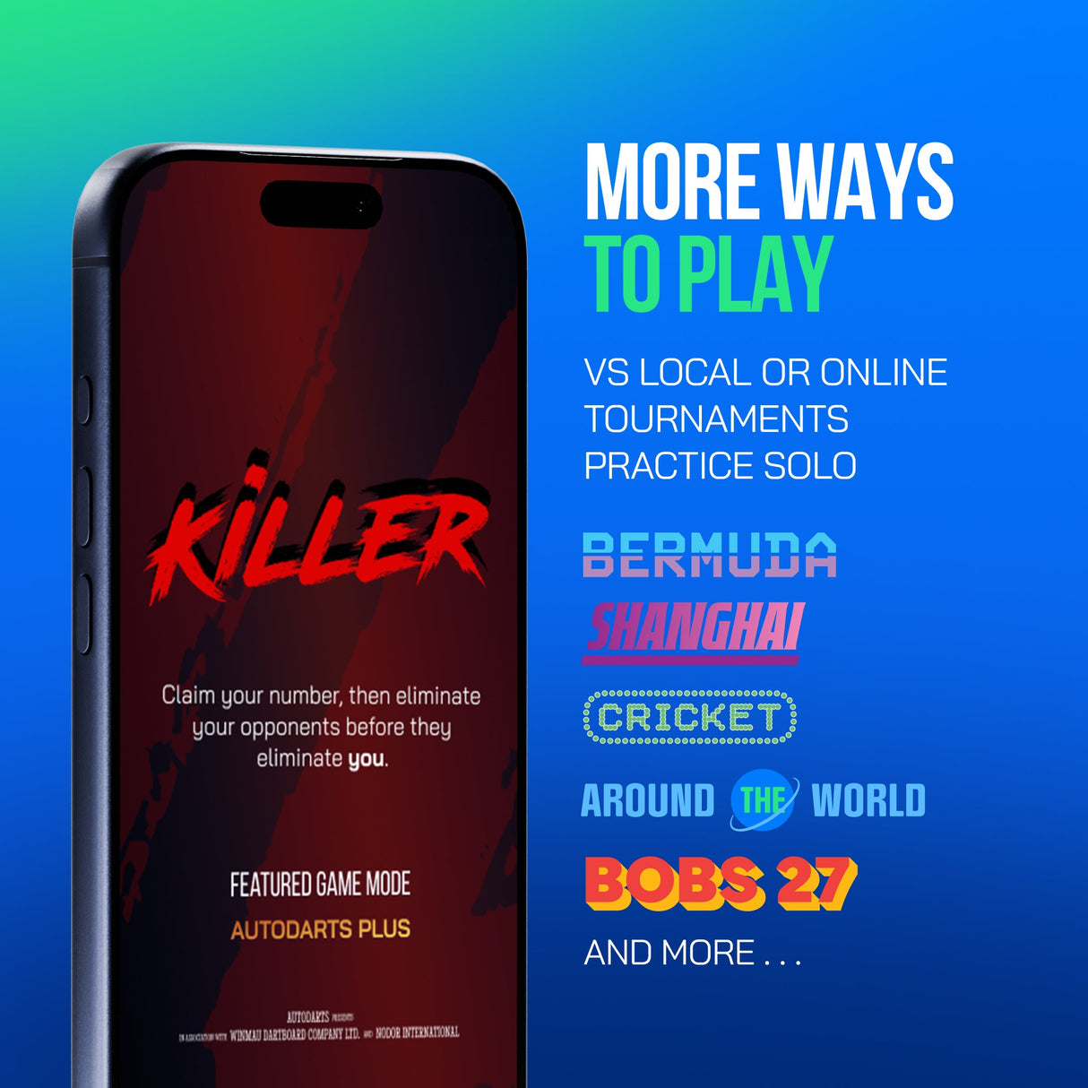 Autodarts game modes including Killer, Bermuda, Shanghai, Cricket, Around the World and Bob's 27