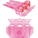 Angled close-up of pink rigid dart case open, showing storage of three fully set up darts with flights, transparent compartment design.