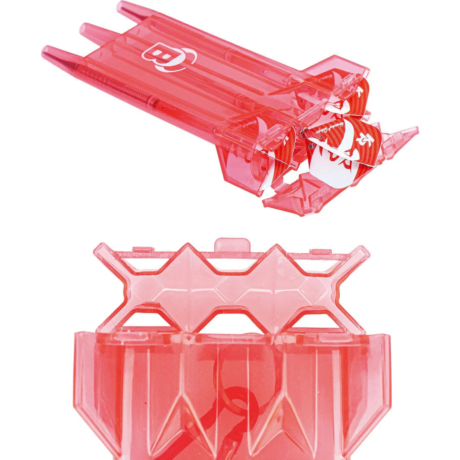 Angled close-up of red rigid dart case holding set-up darts with flights, showing internal compartments for organized dart storage