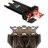 Top-down and angled view of rigid dart case with three fully set up darts inside, showing secure flight protection for dart storage.