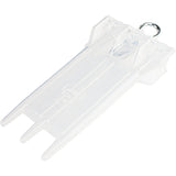 Clear rigid dart case angled view with metal hanging ring, full product isolated on white background