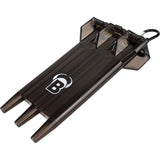 Rigid dart case angled view with clip, holds full set of darts, translucent black plastic, isolated on white background