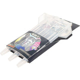 Angled view of rigid dart case in packaging with transparent cover, showing dart storage for fully assembled darts, isolated on white background