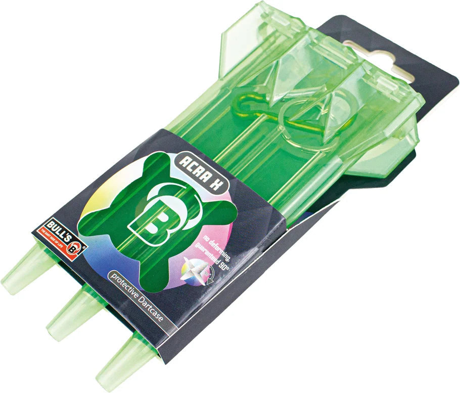 Angled view green rigid dart case in retail packaging, transparent dart holder for holding fully assembled darts