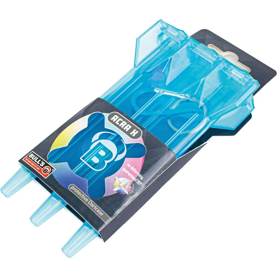 Angled close-up of blue rigid dart case in retail packaging, showcases protective dart storage for fully assembled darts