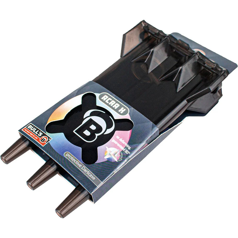 Acra X rigid dart case in retail packaging, angled view highlighting protective case design for fully assembled darts