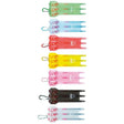Top-down view of seven colorful rigid dart cases for fully assembled darts, arranged vertically on white background
