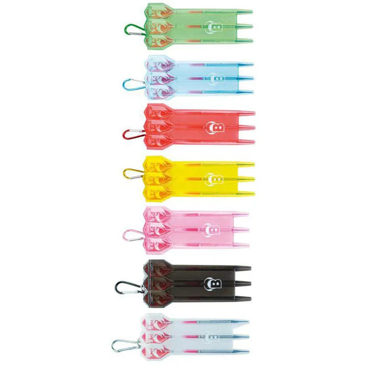 Top-down view of seven colorful rigid dart cases for fully assembled darts, arranged vertically on white background