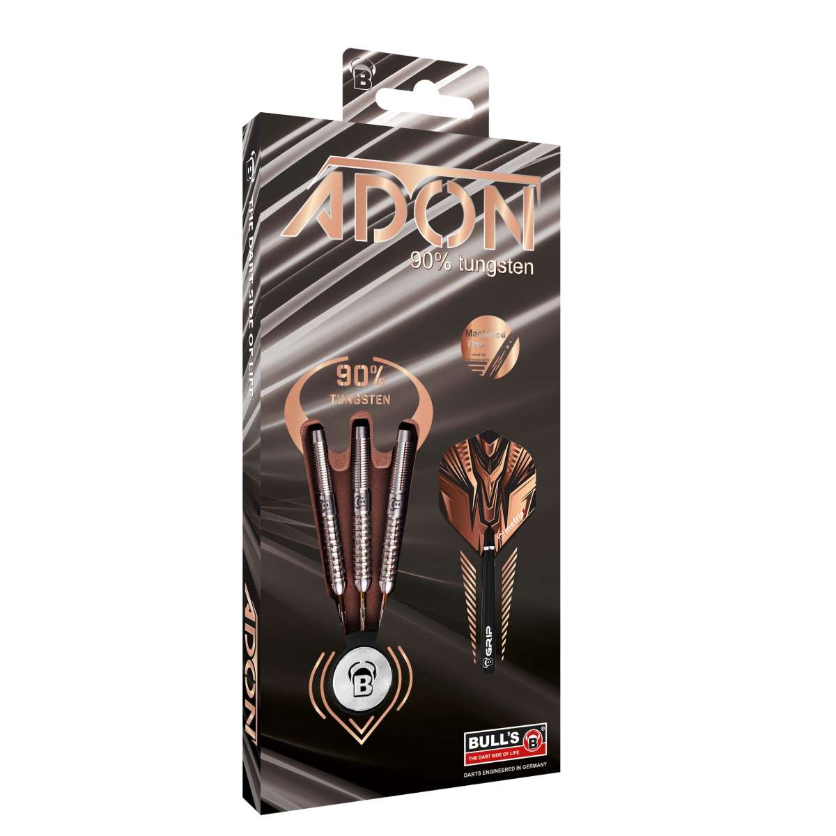 Adon 90% tungsten darts set in retail packaging, showing three steel tip darts and detailed flights with grip highlights