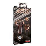 Adon 90% tungsten darts set in retail packaging, showing three steel tip darts and detailed flights with grip highlights