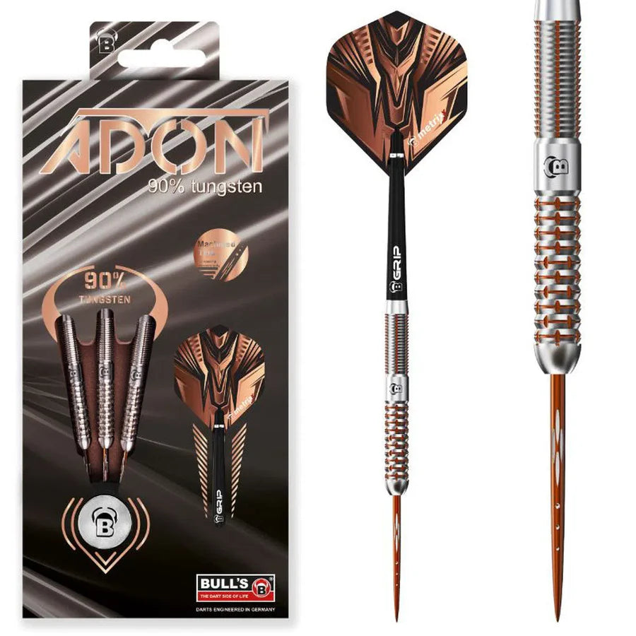 Tungsten steel tip darts set in retail packaging with detailed close-up of barrel grip and copper black flight design