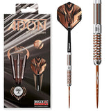 Tungsten steel tip darts set in retail packaging with detailed close-up of barrel grip and copper black flight design