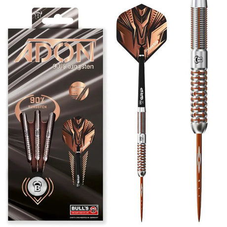 Tungsten steel tip darts set in retail packaging with detailed close-up of barrel grip and copper black flight design