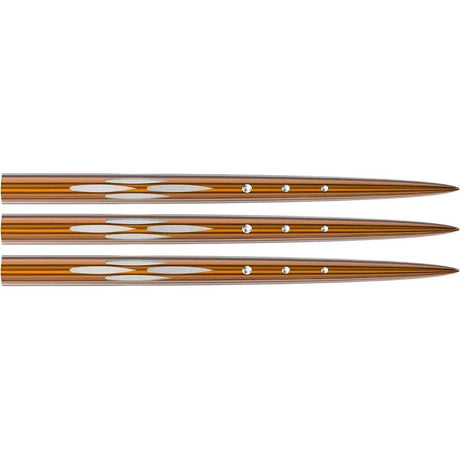 Three replacement dart points side by side on white, laser-etched grooves and drilled holes visible for secure dart barrel fit