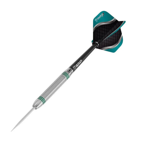 Single 80 percent tungsten dart angled on white background showing knurled grip barrel, green flight, and sharp steel tip
