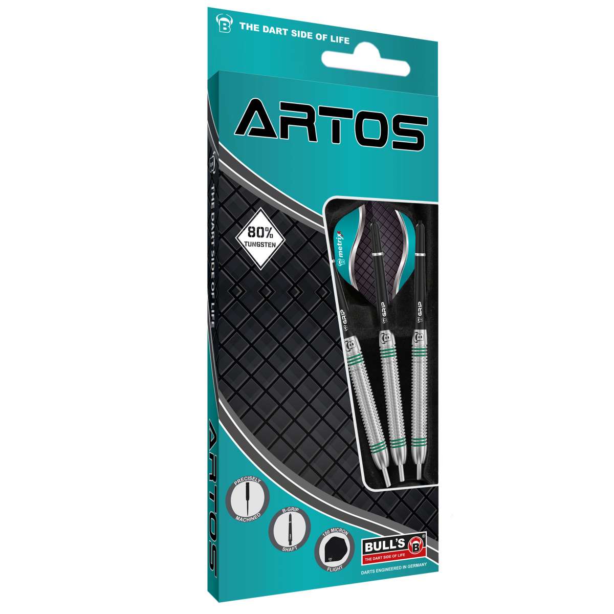 Angled packaging view of 80% tungsten darts set with visible grip barrels and colored flights, three darts displayed in box window