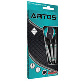 Angled packaging view of 80% tungsten darts set with visible grip barrels and colored flights, three darts displayed in box window