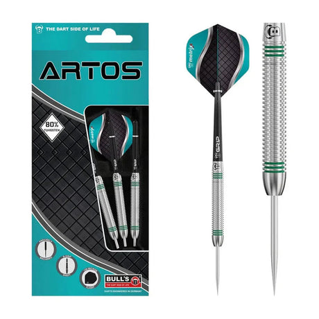 80 percent tungsten darts set in retail packaging with close-up of knurled grip barrel and black teal flights, isolated on white background