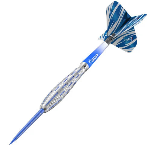 Angled view tungsten dart isolated on white, showing precision grip barrel, blue shaft, patterned flights, single dart for steel tip darts buyers