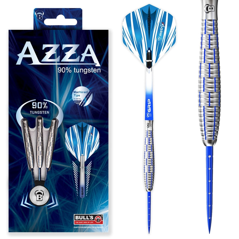 90% tungsten darts packaging with three darts, full dart with blue flights, and close-up highlighting precision grip barrel texture