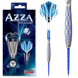 90% tungsten darts packaging with three darts, full dart with blue flights, and close-up highlighting precision grip barrel texture