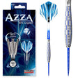 90% tungsten darts set with modern blue flights, ergonomic barrel grip, and packaging on white background