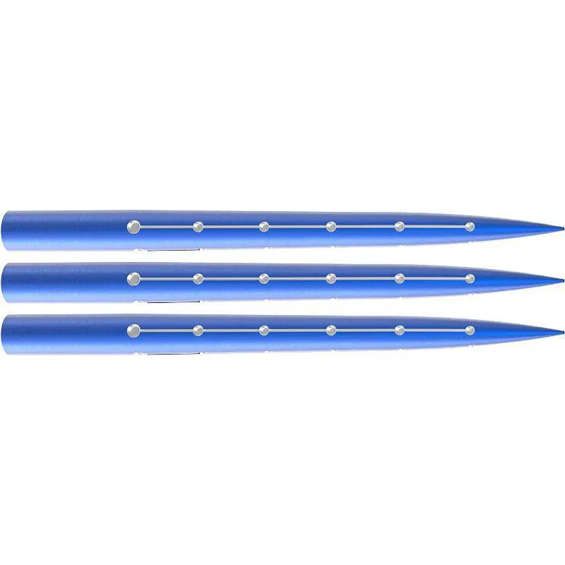 Three blue laser-etched replacement dart points aligned side by side on white background, showcasing grip texture for dartboards.