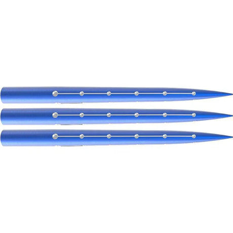 Three blue laser-etched replacement dart points aligned side by side on white background, showcasing grip texture for dartboards.