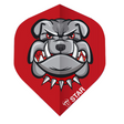Red dart flight with fierce bulldog design, isolated on white background, 100 micron thickness for dart accessories
