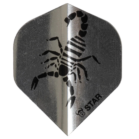 Silver A-shape dart flight with black scorpion design, isolated on white, front view, ideal for darts setup or accessories buyers