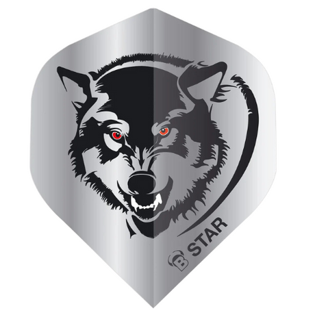 A-shape dart flight with fierce wolf graphic, B-Star logo, silver finish, isolated on white for darts accessories